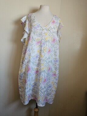 Joie Linen Floral V-Neck Flutter Sleeve Dress in Pastel White Yellow & Pink 2X